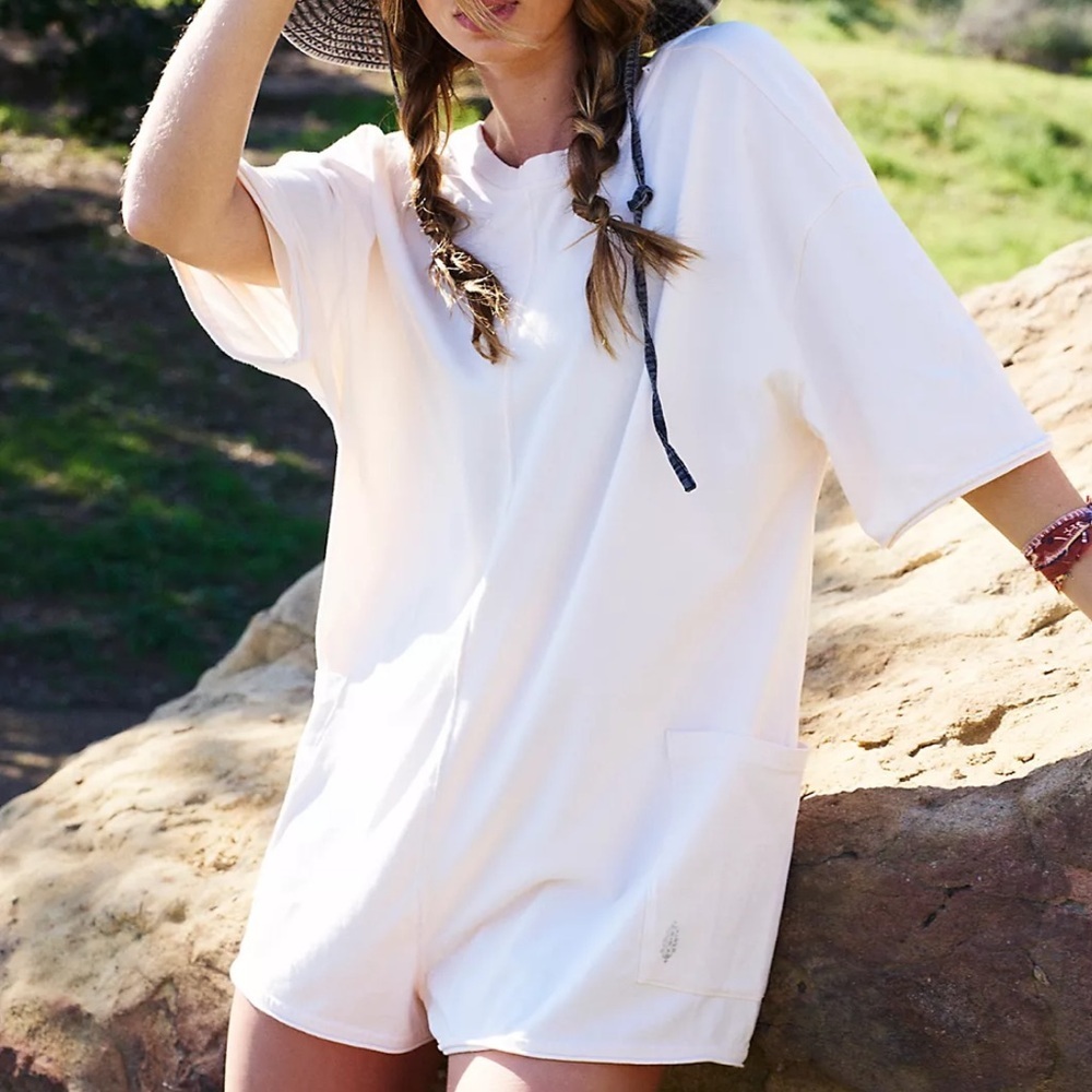 NWT Free People Movement Hot Shot Tee Romper - Bleached Clay